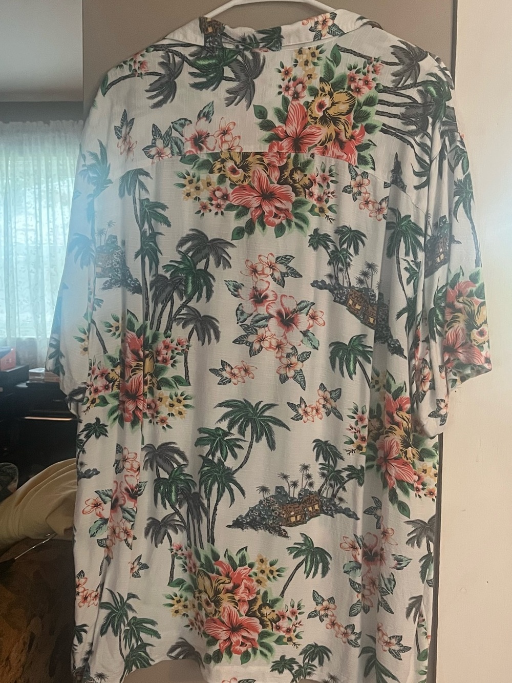 George White Hawaiian Shirt with Pink Floral & Green Palm Print